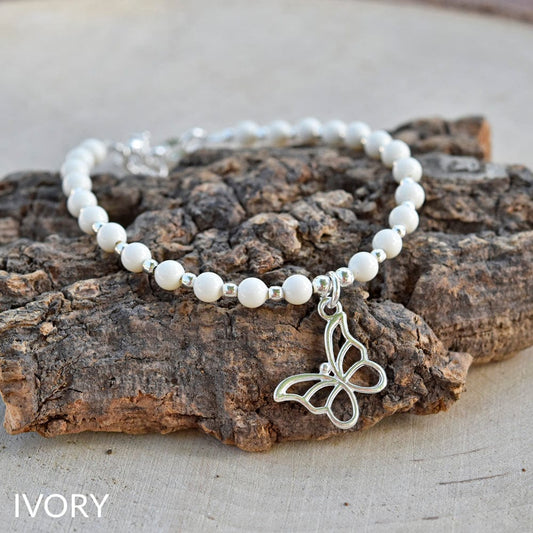 Silver  Ivory Pearl Butterfly Bracelet