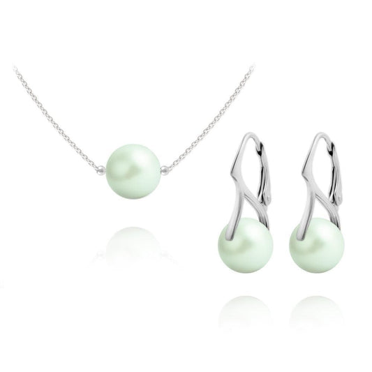 Sterling silver jewellery set with pastel green Swarovski crystal pearl necklace and matching leverback earrings