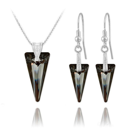 Sterling silver necklace and earrings set with Genuine Swarovski Silver Night crystal spike pendants