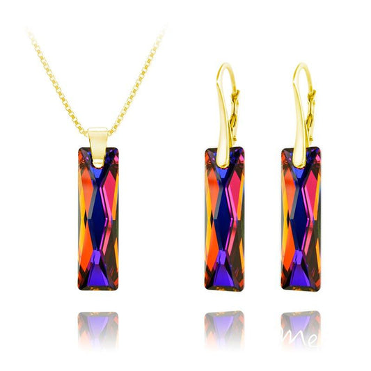 24K gold plated sterling silver necklace and earrings set with Genuine Swarovski Volcano baguette crystals