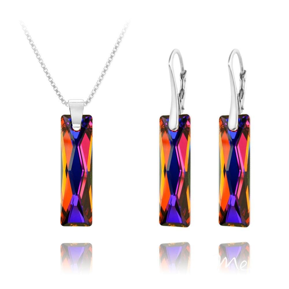 Sterling silver necklace and earrings set with Genuine Swarovski Volcano baguette crystals