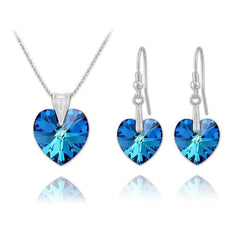 Sterling silver heart jewellery set with Genuine Swarovski Bermuda Blue crystal pendant necklace and matching drop earrings