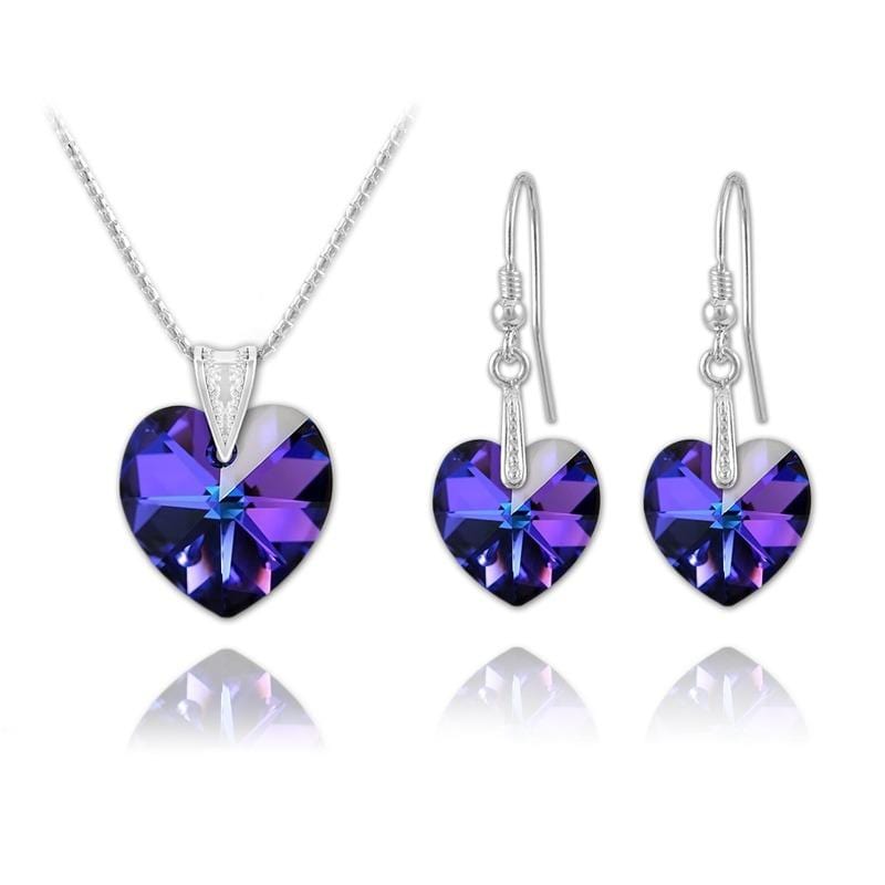 Sterling silver heart jewellery set with Genuine Swarovski Heliotrope crystal pendant necklace and matching drop earrings
