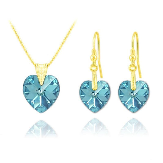 24K gold plated sterling silver heart jewellery set with Genuine Swarovski Aquamarine AB crystal necklace and matching earrings