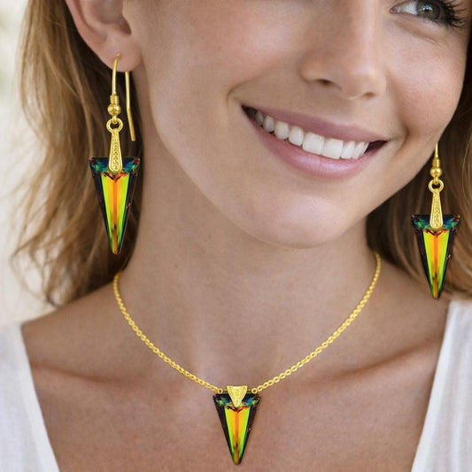gold necklace and earrings with colorful triangular pendants.
