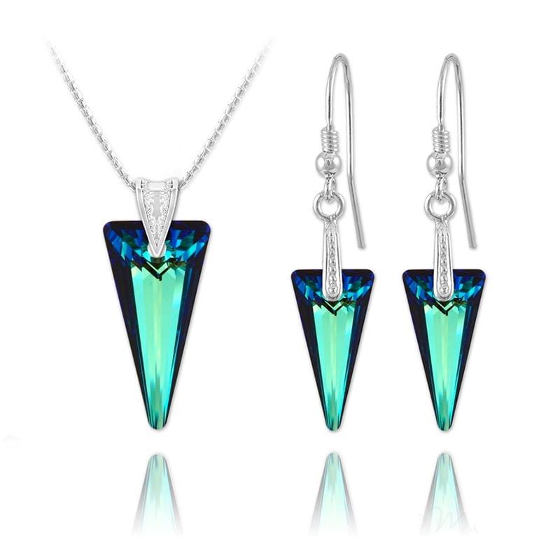 Sterling silver necklace and matching earrings featuring Bermuda Blue Swarovski crystal spike pendants