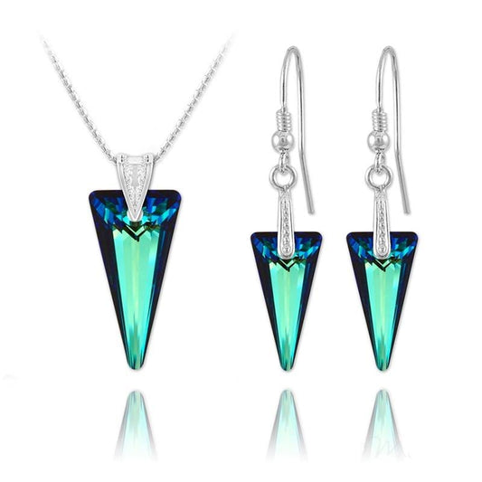 Sterling silver necklace and matching earrings featuring Bermuda Blue Swarovski crystal spike pendants