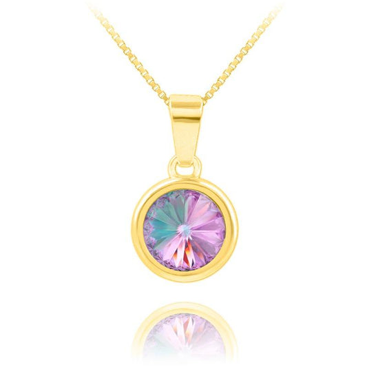 24K gold plated sterling silver necklace featuring a round Vitrail Light Swarovski crystal pendant