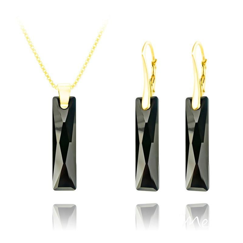 24K gold plated sterling silver jewellery set featuring Jet Black Swarovski crystal pendant necklace and matching drop earrings