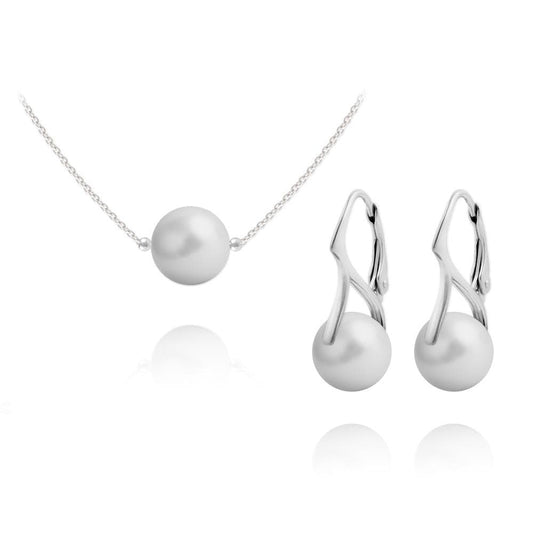 Sterling silver Pastel Grey pearl jewellery set with matching necklace and drop earrings featuring Genuine Swarovski Crystal pearls