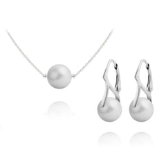 Sterling silver Pastel Grey pearl jewellery set with matching necklace and drop earrings featuring Genuine Swarovski Crystal pearls