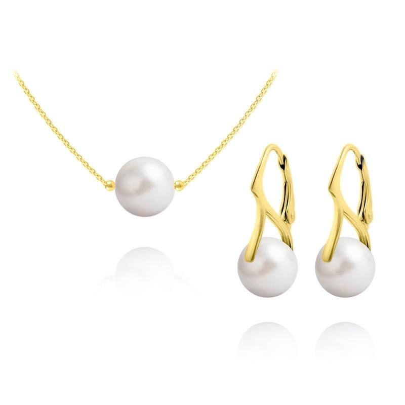 24K gold plated sterling silver white pearl jewellery set with matching necklace and earrings featuring Genuine Swarovski Crystal pearls