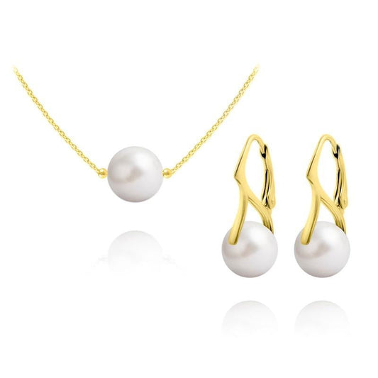 24K gold plated sterling silver white pearl jewellery set with matching necklace and earrings featuring Genuine Swarovski Crystal pearls