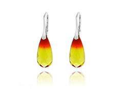 Sterling silver leverback earrings with genuine Fire Opal Swarovski crystal teardrops in red and yellow tones