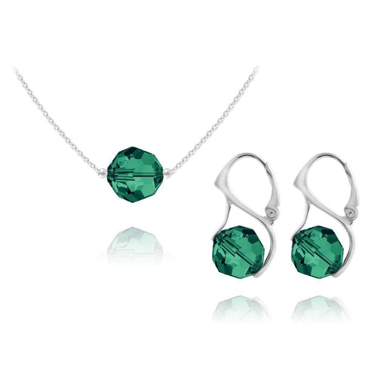 Sterling silver emerald green Swarovski crystal jewellery set with matching necklace and drop earrings
