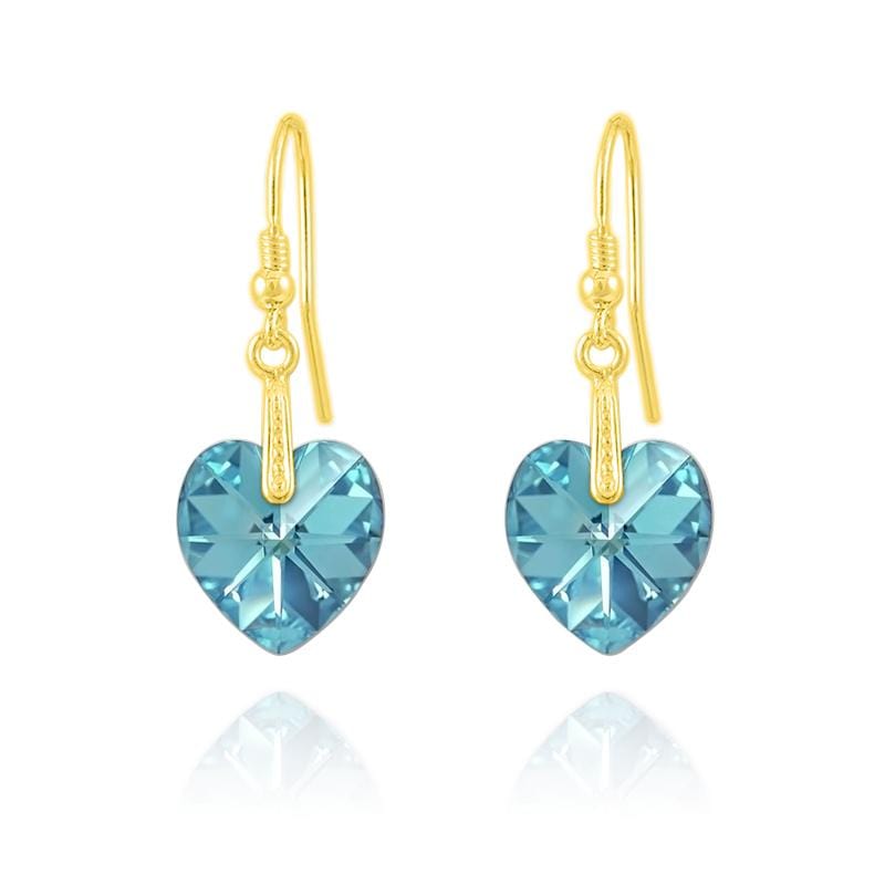 24K gold plated sterling silver heart earrings with Aquamarine AB Swarovski crystals