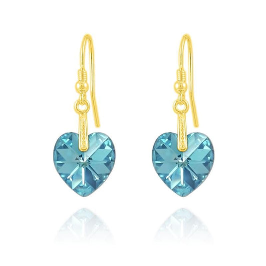 24K gold plated sterling silver heart earrings with Aquamarine AB Swarovski crystals