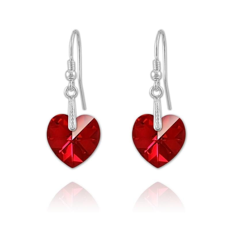 Sterling silver heart drop earrings with Siam AB Swarovski crystals and rhodium plated finish