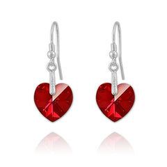 Sterling silver heart drop earrings with Siam AB Swarovski crystals and rhodium plated finish