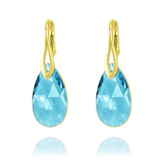 24K gold plated sterling silver pear drop earrings with Aquamarine Swarovski crystals