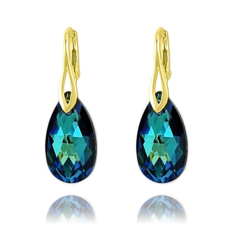 24K gold plated sterling silver pear drop earrings with Bermuda Blue crystal