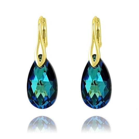 24K gold plated sterling silver pear drop earrings with Bermuda Blue crystal