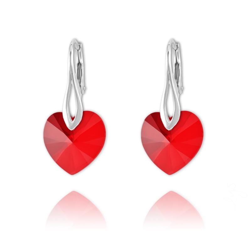 Sterling silver heart drop earrings with Light Siam Swarovski crystal