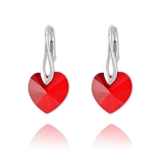 Sterling silver heart drop earrings with Light Siam Swarovski crystal