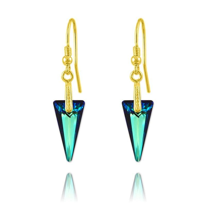 24K gold plated sterling silver Bermuda Blue Swarovski crystal spike drop earrings