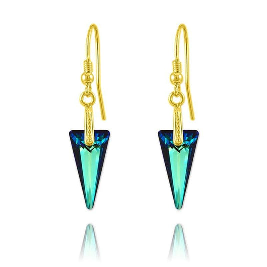 24K gold plated sterling silver Bermuda Blue Swarovski crystal spike drop earrings