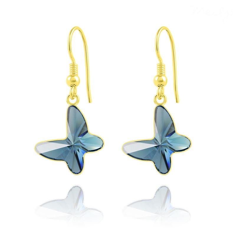 24K gold plated sterling silver butterfly earrings with genuine Swarovski Denim Blue crystal