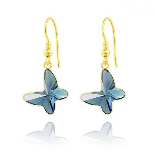 24K gold plated sterling silver butterfly earrings with genuine Swarovski Denim Blue crystal