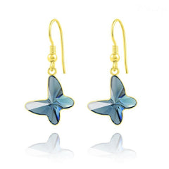 24K gold plated sterling silver butterfly earrings with genuine Swarovski Denim Blue crystal