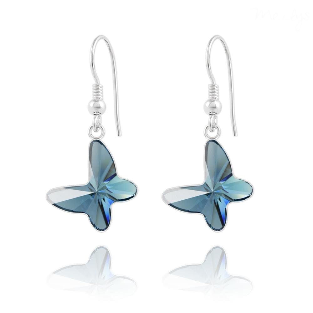 Sterling silver butterfly drop earrings with genuine Swarovski Denim Blue crystal