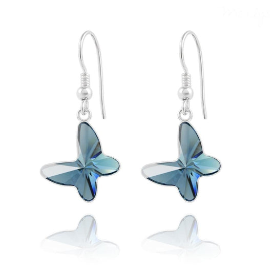 Sterling silver butterfly drop earrings with genuine Swarovski Denim Blue crystal
