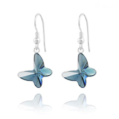 Sterling silver butterfly drop earrings with genuine Swarovski Denim Blue crystal