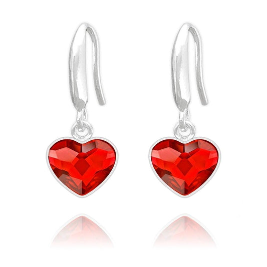 Sterling silver heart drop earrings with genuine Swarovski Light Siam crystal