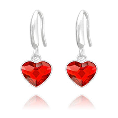 Sterling silver heart drop earrings with genuine Swarovski Light Siam crystal