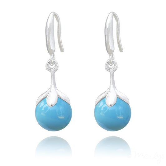 Sterling silver drop earrings with smooth turquoise pearl beads, polished leaf details and earwire hooks