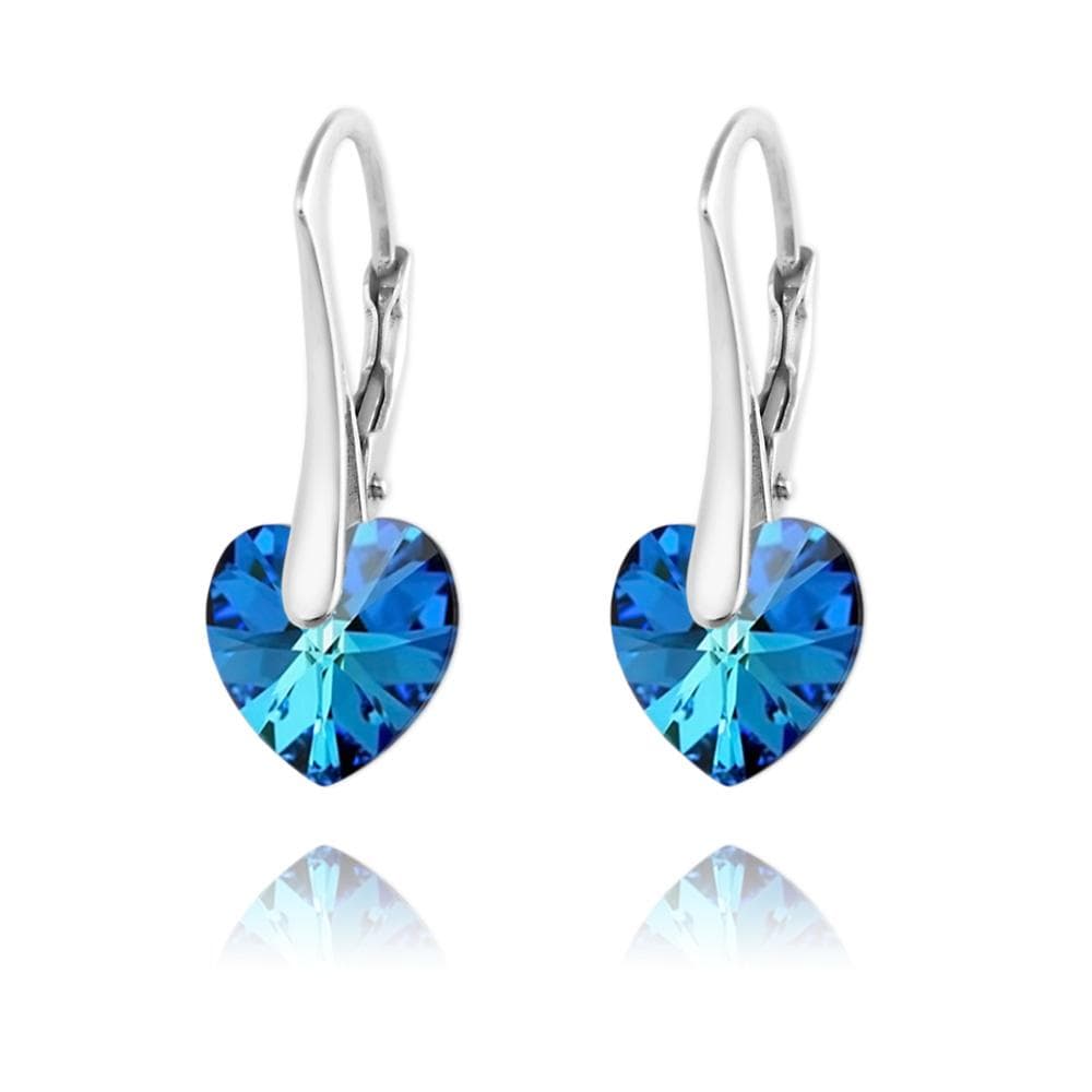 Sterling silver Bermuda Blue Swarovski crystal heart earrings with rhodium plated finish