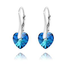Sterling silver Bermuda Blue Swarovski crystal heart earrings with rhodium plated finish