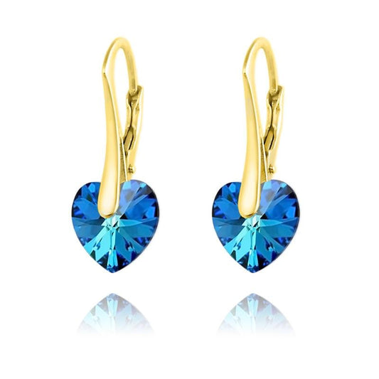 24K gold plated sterling silver Bermuda Blue Swarovski crystal heart earrings