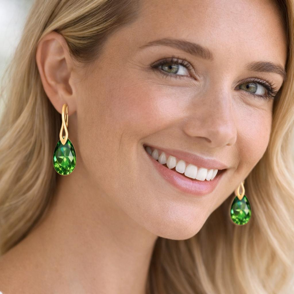 green teardrop earrings with gold hooks