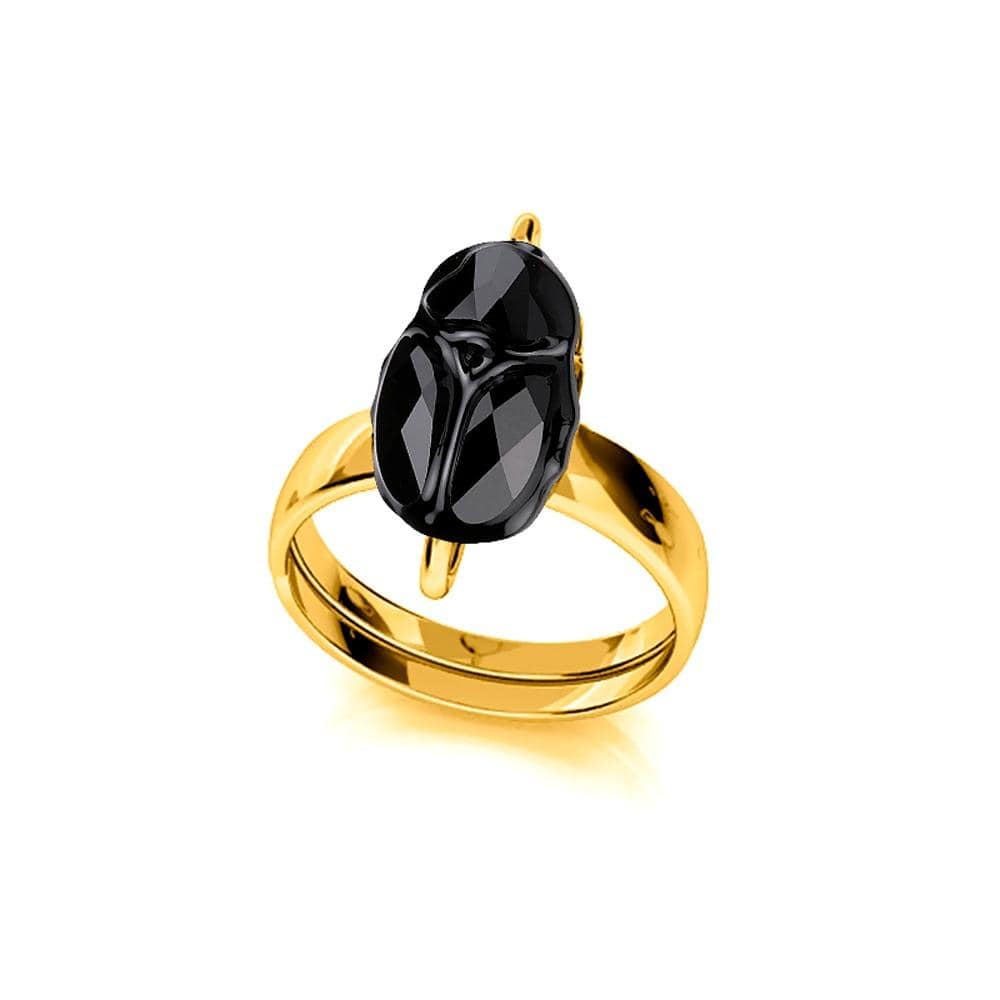 24K gold plated sterling silver adjustable scarab ring with Jet Swarovski crystal