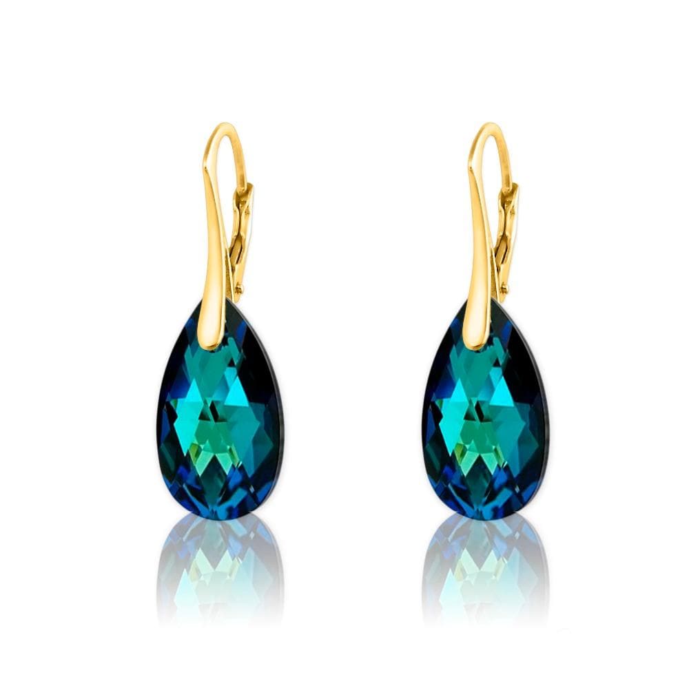 24K gold plated sterling silver Bermuda Blue Swarovski crystal drop earrings