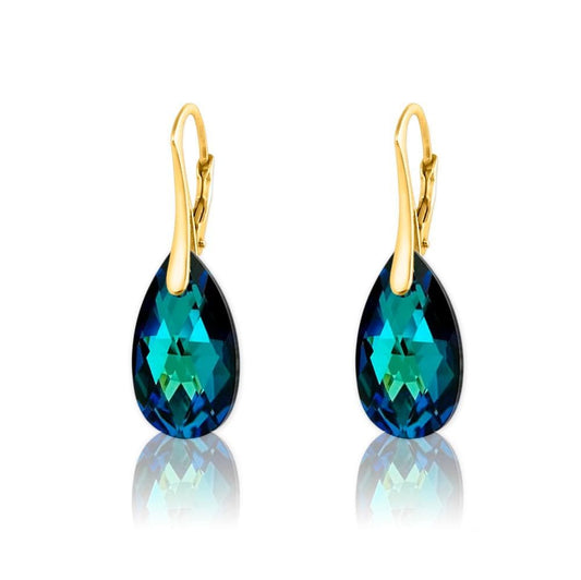 24K gold plated sterling silver Bermuda Blue Swarovski crystal drop earrings
