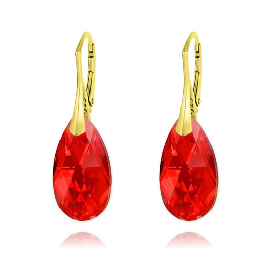 24K gold plated sterling silver pear earrings with Genuine Swarovski Light Siam AB crystal drops