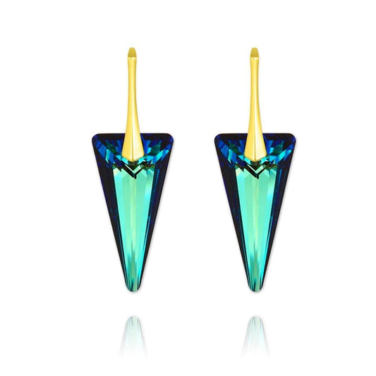 24K gold plated sterling silver spike earrings with Genuine Swarovski Bermuda Blue crystal