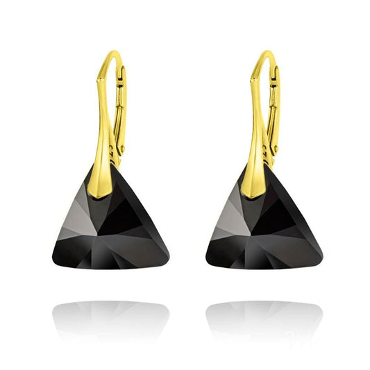 24K gold plated sterling silver triangle earrings with Genuine Swarovski Jet crystal