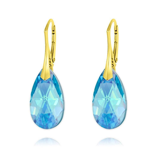24K gold plated sterling silver pear earrings with Genuine Swarovski Aquamarine AB crystal